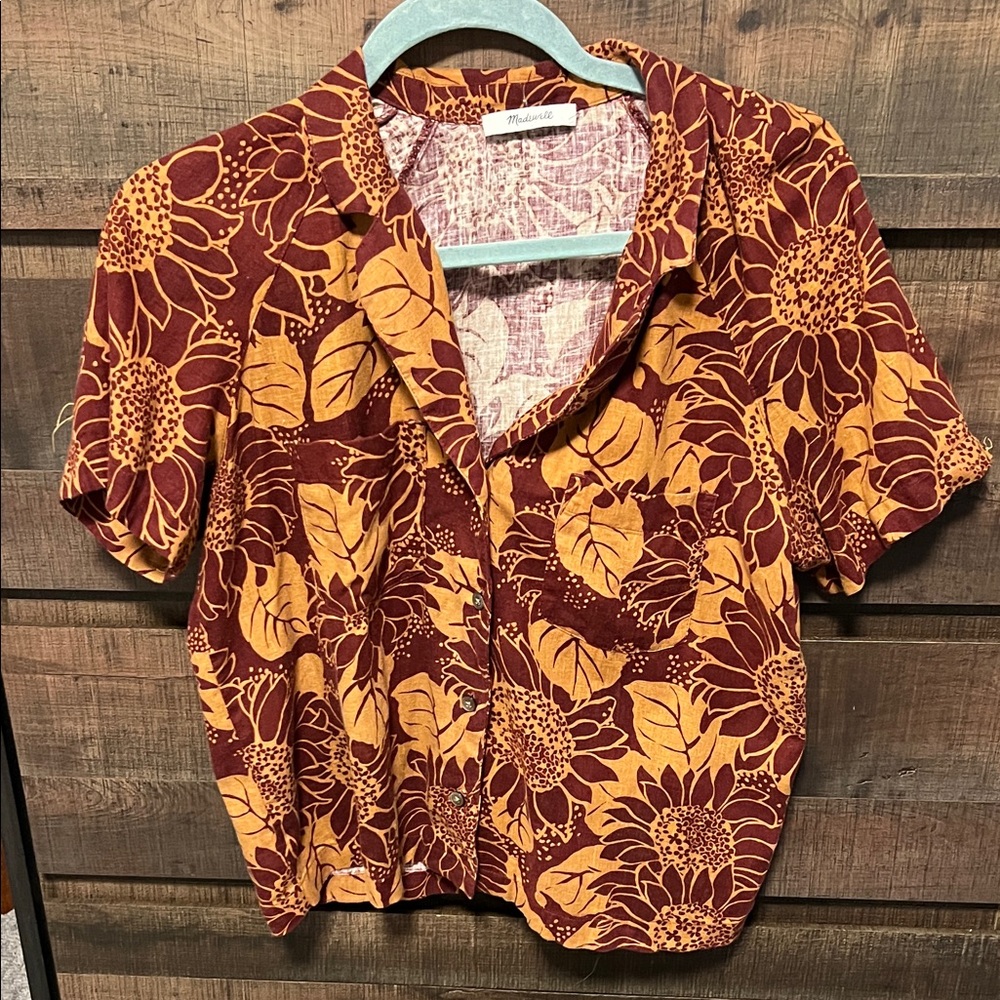 Madewell Floral Button Down Shirt - Maroon and Mustard